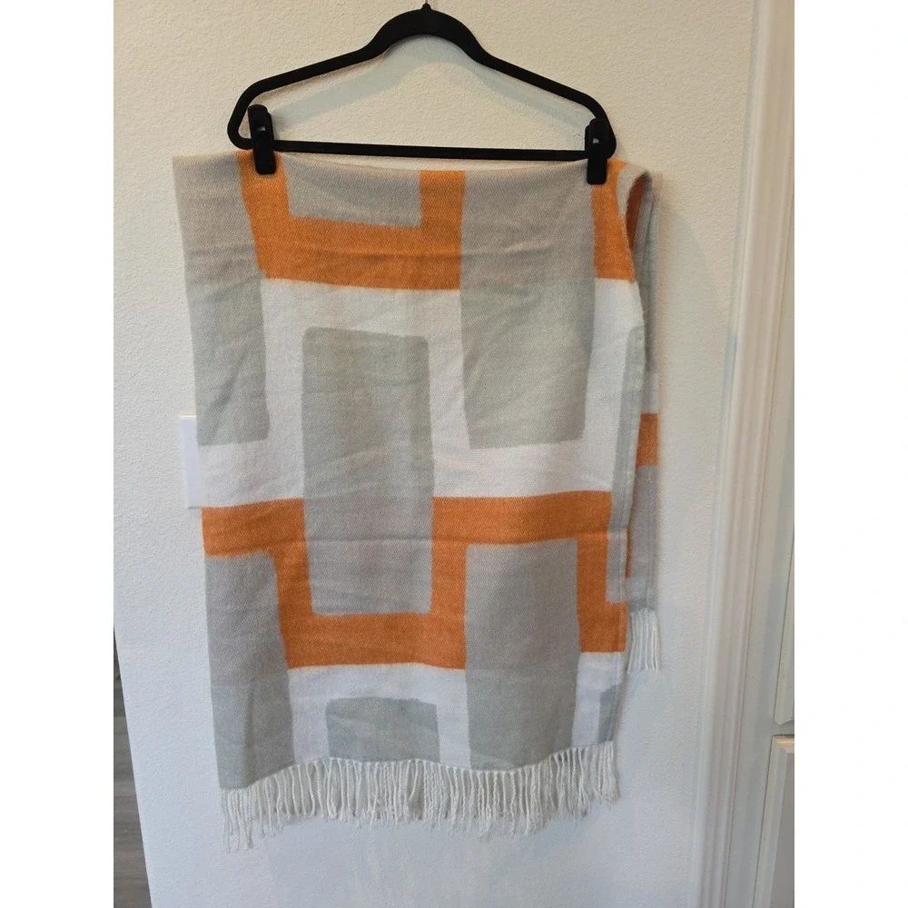 West Elm Throw Blanket Orange White Gray Abstract Fringe 44